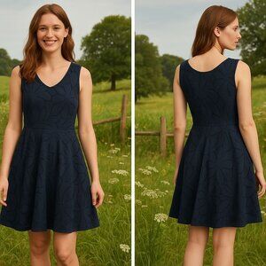 Anthropologie Deletta Navy Lace Overlay Dress Sleeveless Fit & Flare Lined Sz XS